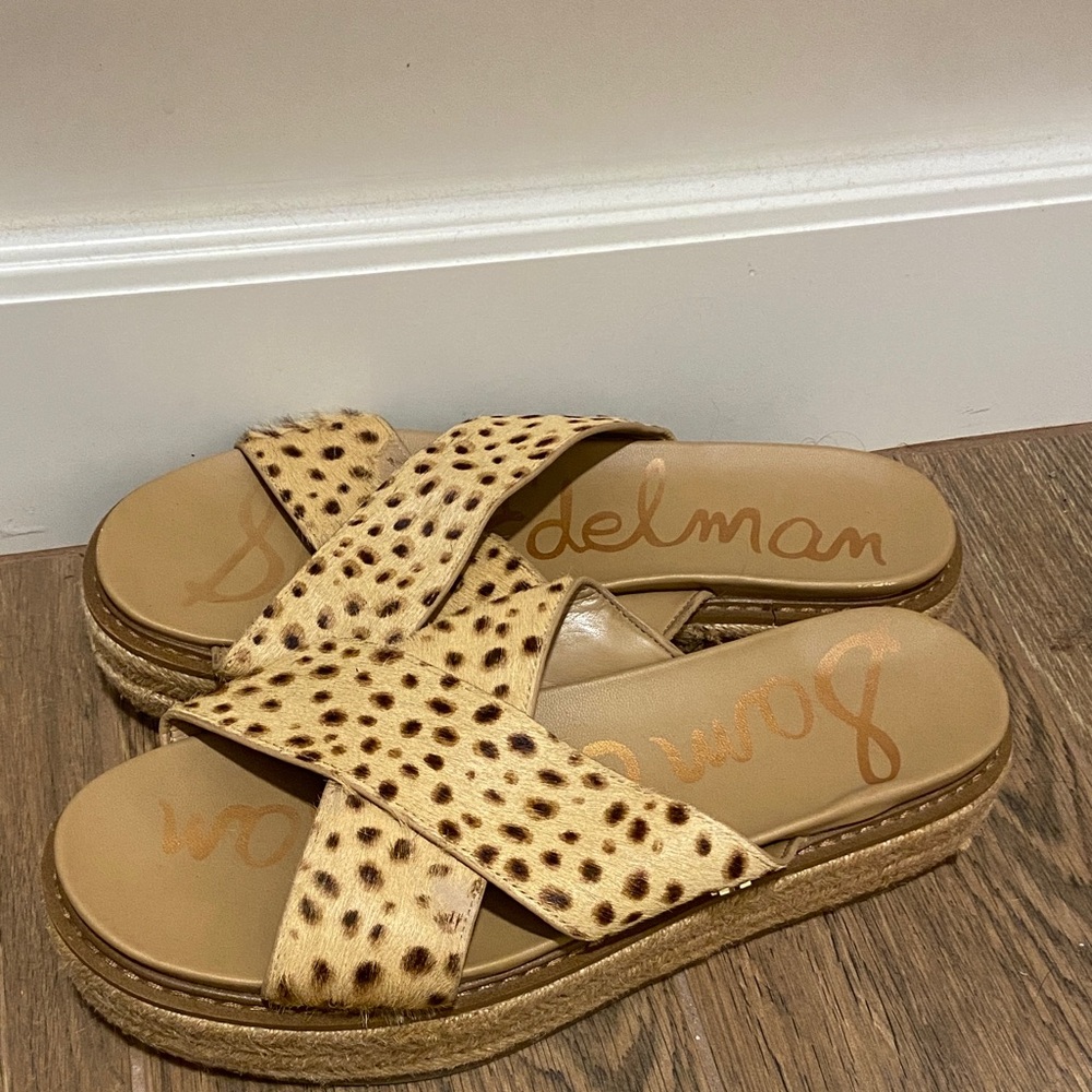 🧡 Women’s Sam Edelman Leopard Print Crossband Espadrille Slides - Tan